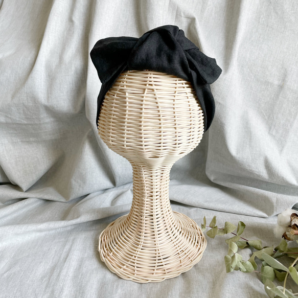 痛くないリボンヘアバンド リネン／ブラック　送料無料 3枚目の画像