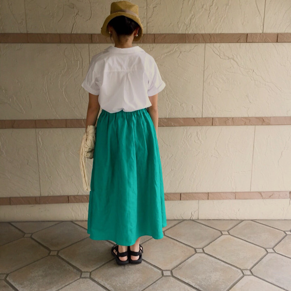翡翠綠/彩色亞麻褶襉聚攏裙 第4張的照片