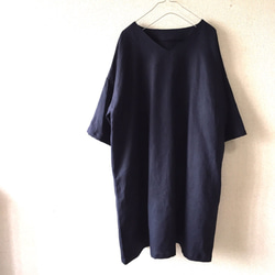 深海軍藍/3/4袖亞麻簡約連身裙 第1張的照片