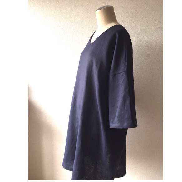 深海軍藍/3/4袖亞麻簡約連身裙 第4張的照片