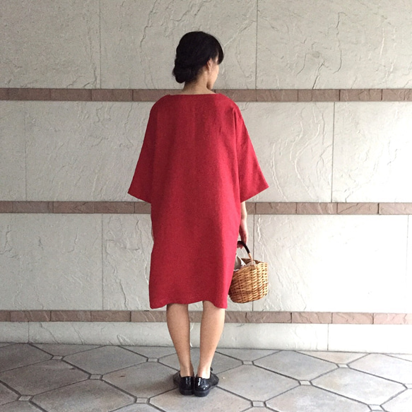 紅色/四分之三袖亞麻簡約連衣裙 第3張的照片