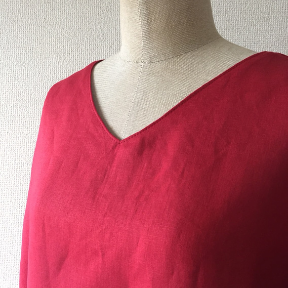 紅色/四分之三袖亞麻簡約連衣裙 第4張的照片