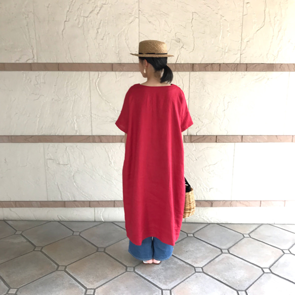 寬鬆利落的亞麻長裙/紅色 第1張的照片