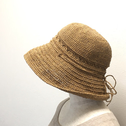 模様編みの麻と和紙の畳める夏帽子＜オレンジ・ベージュ＞　 1枚目の画像