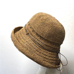 模様編みの麻と和紙の畳める夏帽子＜オレンジ・ベージュ＞　 3枚目の画像
