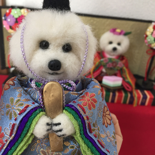 受注制作]ワン雛祭り ビションフリーゼのおひなさまセット着物(金蘭