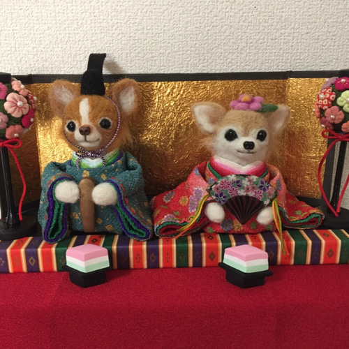 受注製作 犬と猫の羊毛フェルトひな祭り人形セット （ねこのき