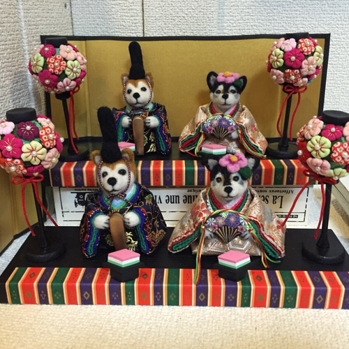 受注制作 ワン雛祭り 犬のおひなさまセット(着物 ちりめん) 羊毛