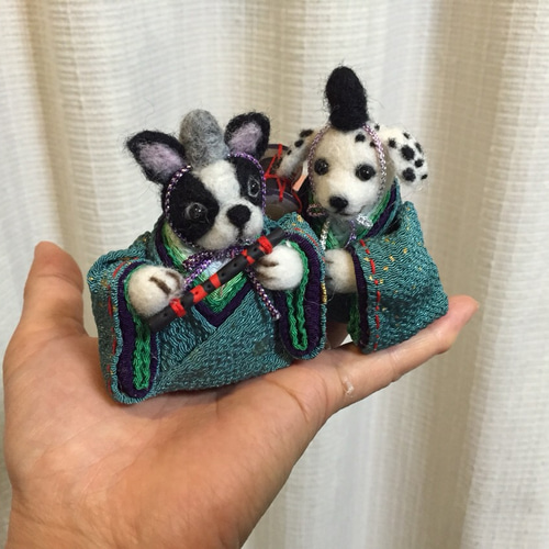 受注制作 ワン雛祭り 犬のおひなさまセット(着物 ちりめん) 羊毛