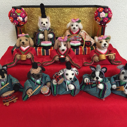 受注制作 ワン雛祭り 犬のおひなさまセット(着物 ちりめん) 羊毛 受注制作 ワン雛祭り 犬のおひなさまセット(着物 ちりめん) 羊毛