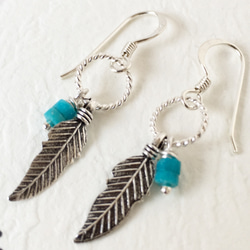 送料無料・ターコイズ フェザーリング ピアス （turquoise Feather ring pierce） 2枚目の画像