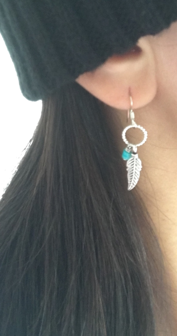 送料無料・ターコイズ フェザーリング ピアス （turquoise Feather ring pierce） 6枚目の画像