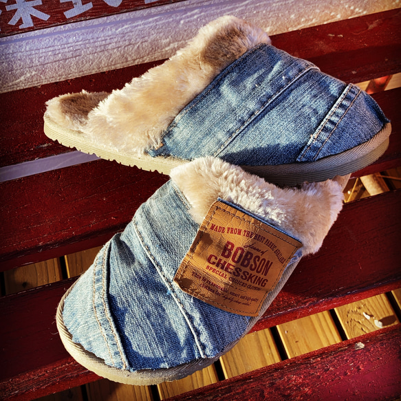 デニムリメイク☆リアルミンクファー&デニム✨ヘアクリップ✨