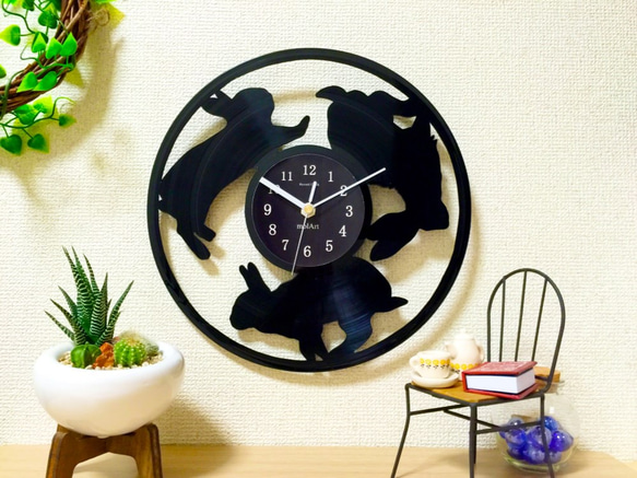 完全受注生産>かわいい3匹のウサギのレコード壁掛け時計(ピンク