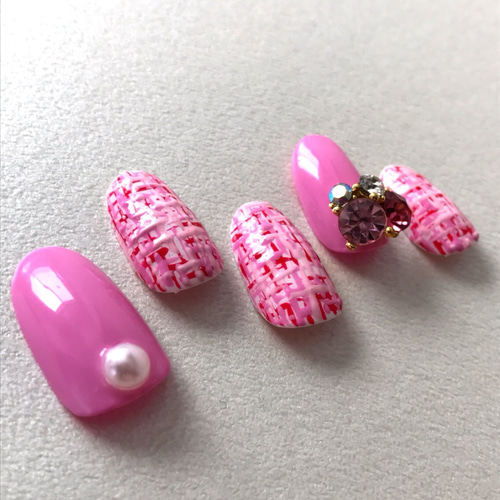 ♡ピンクのツイードネイル♡ ネイルチップ　ハンドメイド ごろっとストーン♡ピンクツイードネイル ネイルチップ（つけ爪