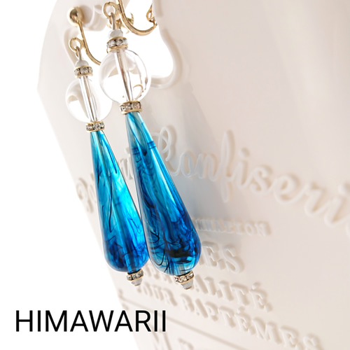 アクリルドロップ クリアブルー×水晶イヤリング/ピアス:ゴールド