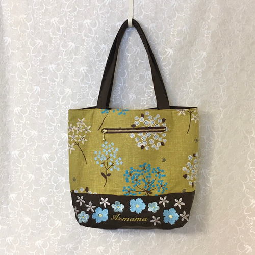 OKAJIMA 花柄刺繍 トートバッグ ブラウン 箱付き