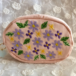 お花刺繍ミニポーチ(ピンク3色の花) 2枚目の画像