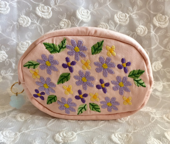 お花刺繍ミニポーチ(ピンク3色の花) 2枚目の画像