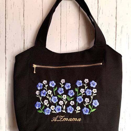 再販 青い花刺繍とビーズのトートバッグ トートバッグ AZmama