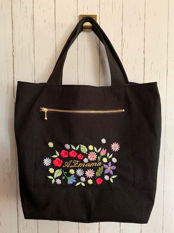 再販　花ハート刺繍のトートバッグ 2枚目の画像