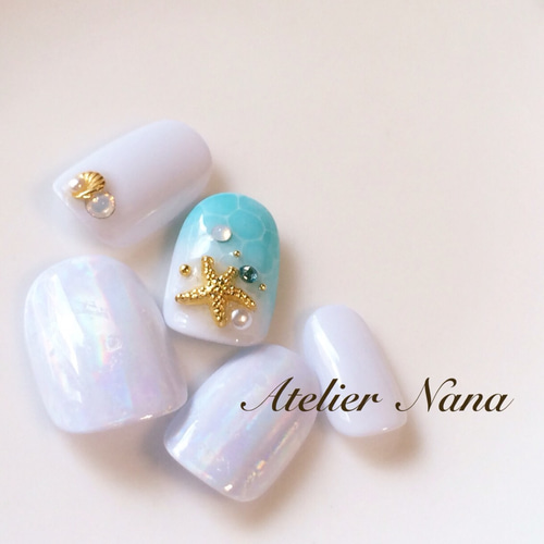 オーダーネイルチップNo.84 夏 海 浜辺 ミラーアクセ ラメ キラキラ