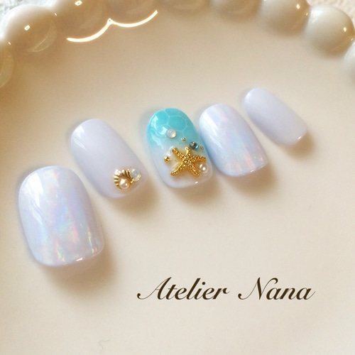 オーダーネイルチップNo.84 夏 海 浜辺 ミラーアクセ ラメ キラキラ