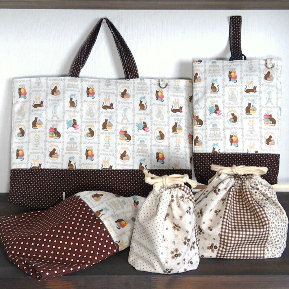 レッスンバッグと巾着の5点セット＊黒猫