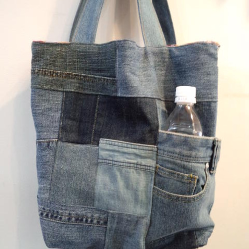 パッチワークデニムのリメイクトートバッグ トートバッグ カラー