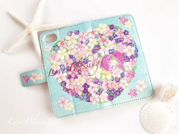 Flower Heart Dolphin スマホケース受注生産 1枚目の画像