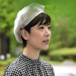 【受注制作】手編み 夏のリネンベレー帽（エクリュ） 1枚目の画像
