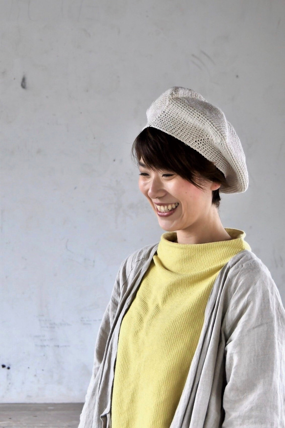 【受注制作】手編み 夏のリネンベレー帽（エクリュ） 2枚目の画像