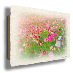 手すき和紙 アート 木製 パネル (48x27cm) 「一面のコスモス畑の白い椅子」 インテリア おしゃれ 壁掛け 1枚目の画像