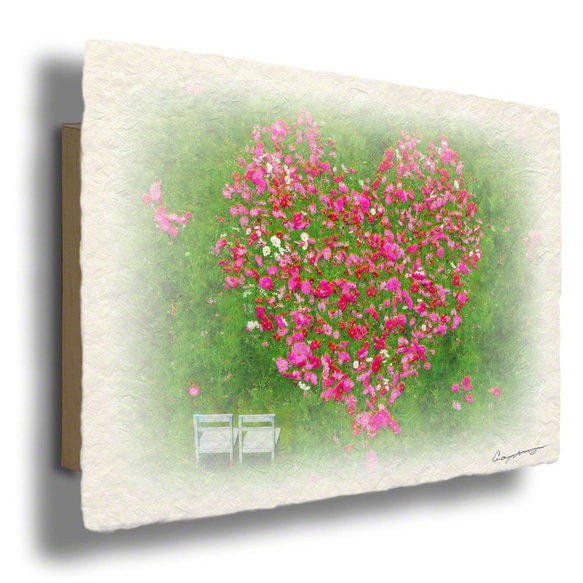 手すき和紙 アート 木製 パネル (48x27cm) 「ハートのコスモス畑と白い椅子」 インテリア おしゃれ 壁掛け 1枚目の画像