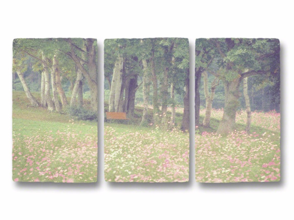 和紙の立体アートパネル「コスモス畑と白樺林のベンチ」(28x50cm)おしゃれなインテリアアートのプレゼント 1枚目の画像