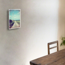 おしゃれな和紙の立体アートパネル「電柱と海に続く道」(18x12cm) 2枚目の画像