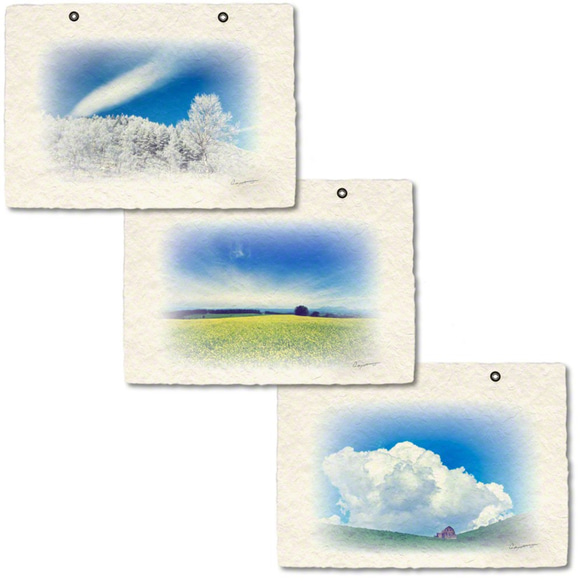 手漉き和紙 カレンダー 2019 「雲と丘の四季」(30x21cm) 付属の３種類の風景をお好みでお取り換え 壁掛け 6枚目の画像