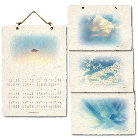 手漉き和紙 カレンダー 2019 「空と雲」(30x21cm) あなたの気分で空の風景をお取り換え 壁掛け 2枚目の画像