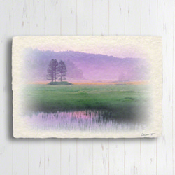 手すき和紙 アート パネル (30x21～48x33cm) 「朝霧のニッコウキスゲの湿原」 写真 グラフィック 2枚目の画像