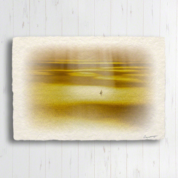 手すき和紙 アート 木製 パネル (30x21cm) 「雲間の光芒とヨット」 インテリア おしゃれ 壁掛け 2枚目の画像