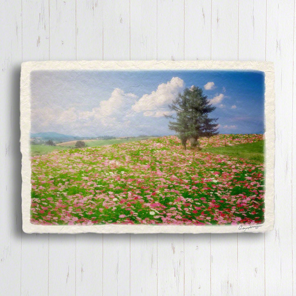 手すき和紙 アート パネル (48x33cm) 「コスモス畑の丘とカラマツの木」 インテリア おしゃれ 壁掛け 2枚目の画像