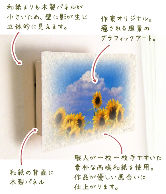 手すき和紙 アート パネル (48x33cm) 「入道雲と顔を出したひまわりの花」 インテリア おしゃれ 壁掛け 3枚目の画像