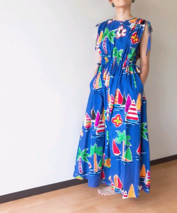 ウエスト＆肩ギャザーワンピース ヨット柄 ✦一点もの✦ 