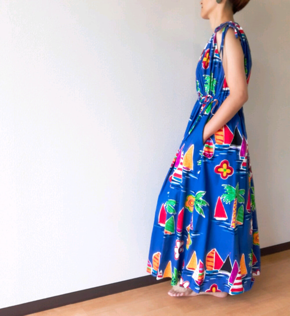 ウエスト＆肩ギャザーワンピース ヨット柄 ✦一点もの✦ 