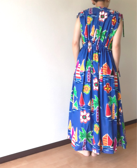 ウエスト＆肩ギャザーワンピース ヨット柄 ✦一点もの✦ 