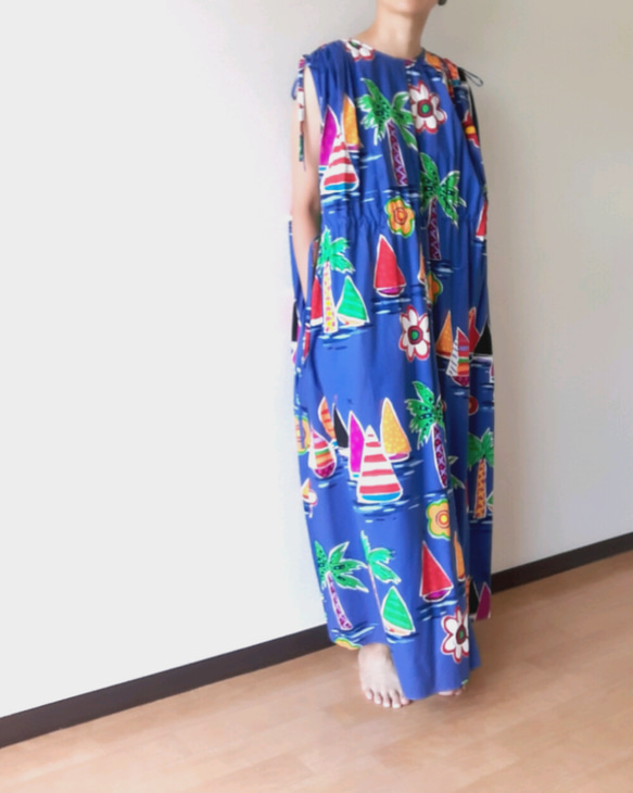 ウエスト＆肩ギャザーワンピース ヨット柄 ✦一点もの✦ 
