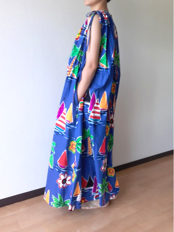 ウエスト＆肩ギャザーワンピース ヨット柄 ✦一点もの✦ 