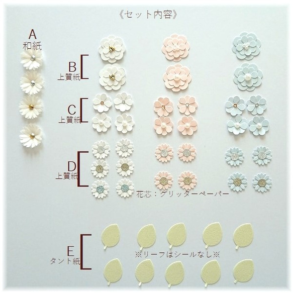 《ホワイト＆ピンク＆ブルー》お花シールミックス36枚セット（リーフ10枚付き） 2枚目の画像