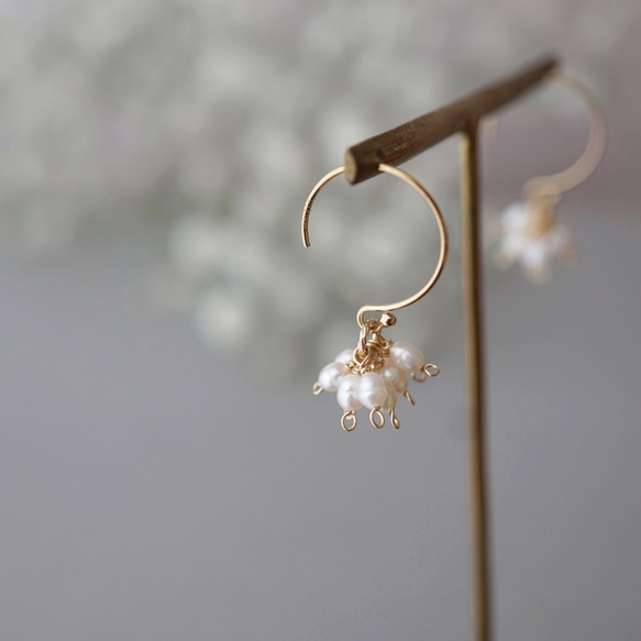 [14KGF]米色珍珠枝形吊燈耳環 第1張的照片