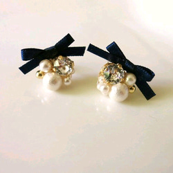 珠寶耳環緞帶和棉花珍珠[海軍] 第1張的照片